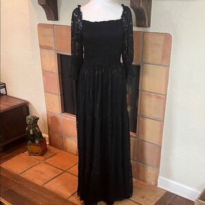 Baltic Born Black Lace Smocked Tiered Maxi Dress, size M/L
